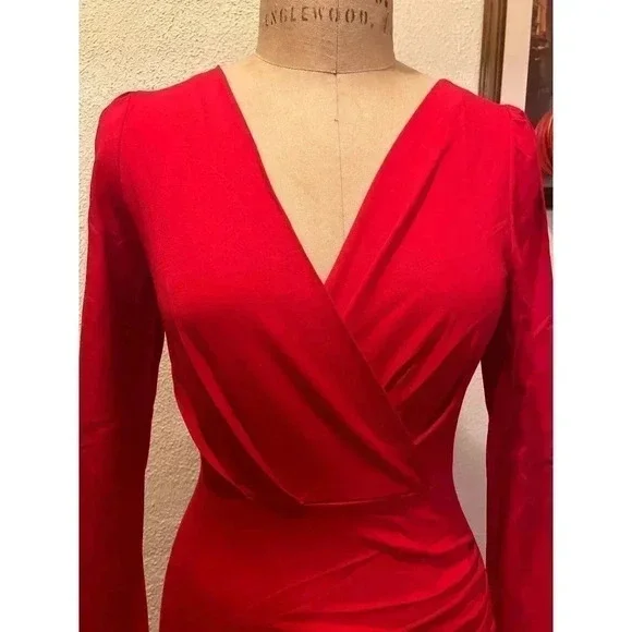Sarin Mathews Deep V Neck Ruched Bodycon Long Sleeve Mini Dress Red NWT Size XL - Picture 3 of 9